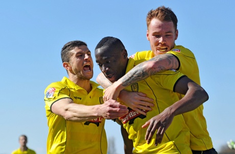 Lucas Akins puts Burton in front at the Globe Arena, Morecambe.