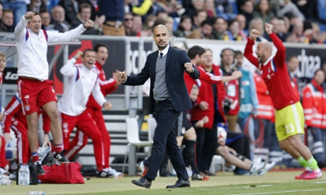 Pep Guardiola reacts after Bayern’s second goal scored by Andreas Beck.