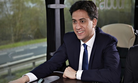 Labour leader Ed Miliband on the party's election campaign bus in Lincolnshire. 