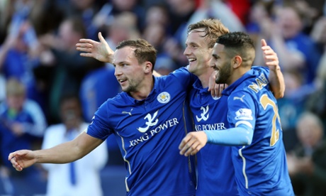 Andy King of Leicester City celebrates after scoring the second against Swansea City.