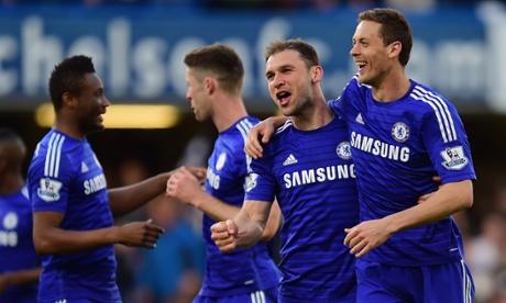 Branislav Ivanovic and Nemanja Matic celebrate after victory.