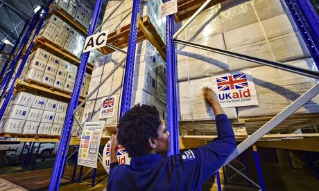 UK aid stickers on cargo destined for areas suffering humanitarian crisis at DfID's UK Disaster Resp