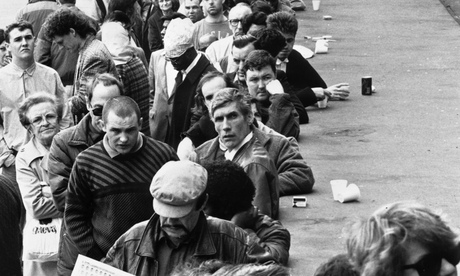 Queue outside Lisson Grove DHSS office, London, 1988