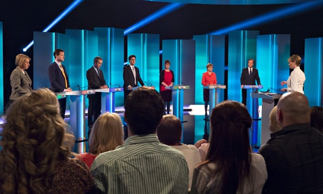 The seven party leaders’ TV debate in April. ‘The sheer proliferation of leading combatants has transformed this race.’ Photograph: Ken McKay/ ITV/Rex/EPA