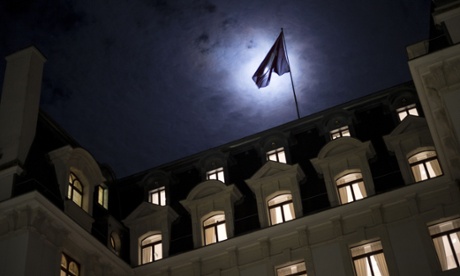 A late night view of the Beau Rivage Palace Hotel in Lausanne, Switzerland.