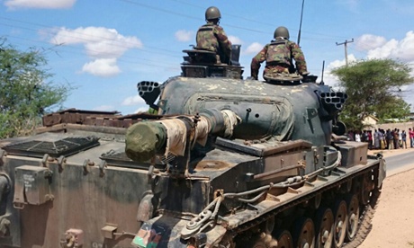 Kenya Defence Forces tank drives outside the Garissa university college,