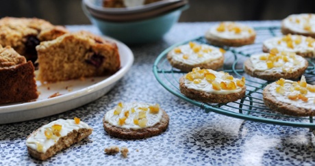 Ruby Tandoh's blackberry oat crumble cake (left) and white chocolate honey oat biscuits.