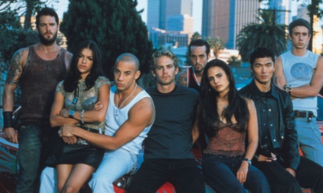 Paul Walker, centre, with the cast of 2001's The Fast and the Furious.