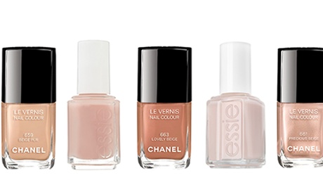 From left to right: Chanel’s Le Vernis Beige Pur; Essie’s Sugar Daddy; Chanel’s Le Vernis Lovely Beige; Essie’s Fed Up; Chanel’s Precious Beige.
