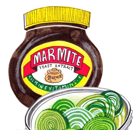 An illustration showing onions  and Marmite 