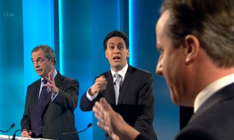 Nigel Farage, Ed Miliband and David Cameron during the debate.