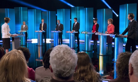 ITV news host, Julie Etchingham, facing the seven party leaders into Weakest Link 