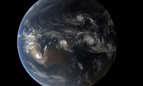 Four Tropical Cyclones  Composite image of tropical cyclones Olwyn, Nathan, Bavi and Pam, generated at 12:00 UTC on 12 March 2015. For further alerts or advisories on these and other tropical storms, visit the GDACS web site. Composite image, comprising infrared data from the geostationary orbiting satellites of EUMETSAT and the JMA. Infrared data overlays a computer-generated model of the Earth, containing NASA's Blue Marble Next Generation imagery. Credits: EUMETSAT