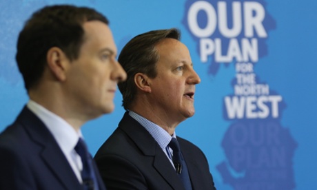 David Cameron and George Osborne address guests and supporters during a visit to Arriva Traincare in Crewe on Monday.