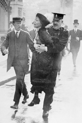 Emmeline Pankhurst arrested outside Buckingham Palace in 1914 while trying to present a petition to the king. Force-feeding was commonplace for imprisoned suffragettes.
