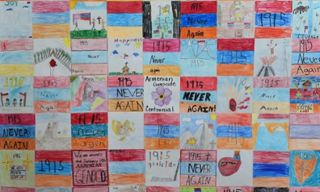 Artwork by pupils from the Rose & Alex Pilibos Armenian school in Los Angeles commemorating the 100th anniversary of the Armenian genocide.