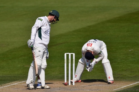 Worcestershire's Richard Oliver looks on and wicketkeeper Ben Brown of Sussex despairs as the ball hits the base of the stumps without dislodging the bails.
