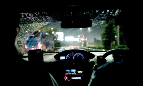 View of car interior at night