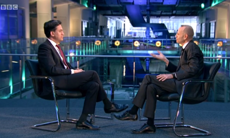 Miliband tells Evans he will not play a game with the glass of water regarding spending. 