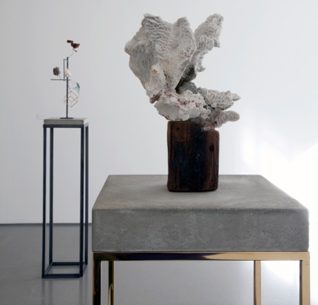 Carol Bove's Coral Sculpture (2008), in the foreground, and Heraclitus (2014).