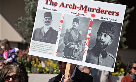 A placard shows the images of the Ottomans believed to be responsible for the Armenian genocide.