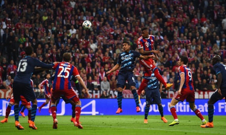 Jérôme Boateng rises highest to make it 2-0 on the night and Bayern ahead on away goals.