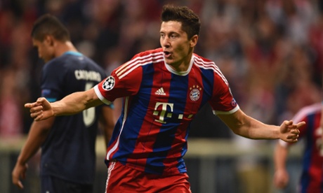 Robert Lewandowski celebrates his second, and Bayern's fift, goal of the night