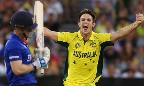 Mitchell Marsh celebrates the wicket of England's Eoin Morgan – for a duck – during Australia's Cricket World Cup pool victory.