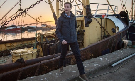 Nick Clegg steps off a fishing boat as he visits Newlyn Harbour in Newlyn