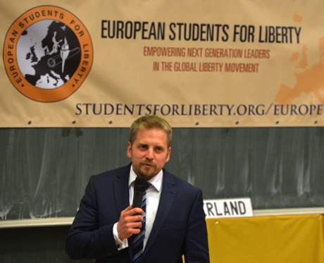 Vit Jedlicka addresses an audience at the University of Economics in Prague.