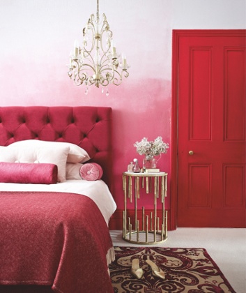 Use an ombré painting effect on the walls and clashing colour blocking to create a luxe boudoir.