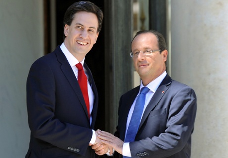 Ed Miliband is welcomed by François Hollande before a meeting at the Elysée Palace in Paris.
