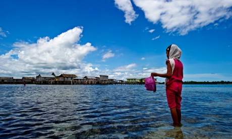 A little girl of the Sama Bajau ethnic group collects shellfish near her stilt village off the coast of Sulawesi, Indonesia