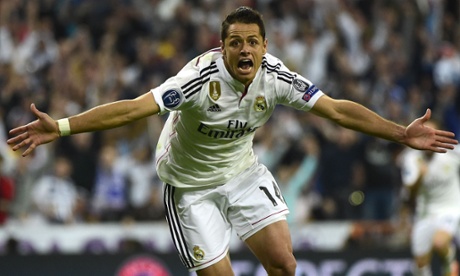 Real Madrid's Javier Hernandez celebrates after scoring.