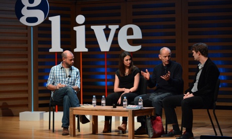 Ben Stewart, Alex Harris, Frank Hewetson and Luke Harding speaking at Guardian Live: Freeing the Arctic 30, London, 22 April 2015.