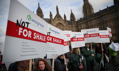 Anti-fracking protestors gather near Parliament on January 26, 2015 in London,UK. Protestors plan to lobby Parliament and hand in a petition calling for an end to plans for the controversial gas extraction method in the UK.