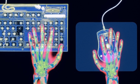 X-ray hands on a mouse and keyboard