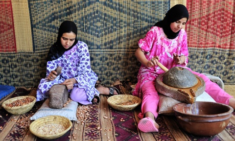 Two Berber women producing argan oil, Morocco, Africa