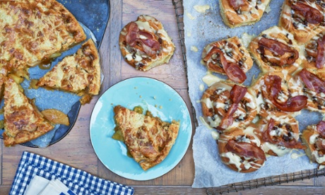 Sweet bacon buns recall American-style breakfasts (right) while this apple tart with a cheesy crust works surprisingly well.