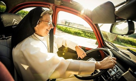 Sister Jordana cruising at sunset in a borrowed Citroën 2CV, a car she used to own before entering her order