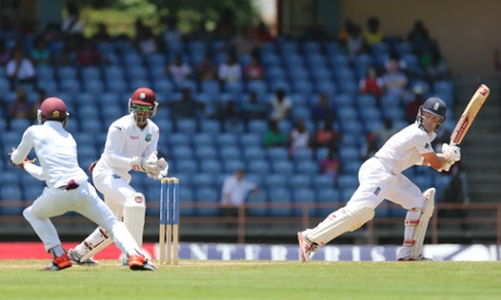 Breakthrough for the West Indies as Jonathan Trott is well caught by Jermaine Blackwood.