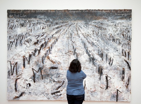 A woman looking at Kiefer's The Autumn's Whisper - for Paul Celan at Gemeentemuseum in The Hague.