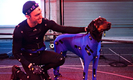 Oliver Hollis and canine co-star on set for a motion-capture performance.