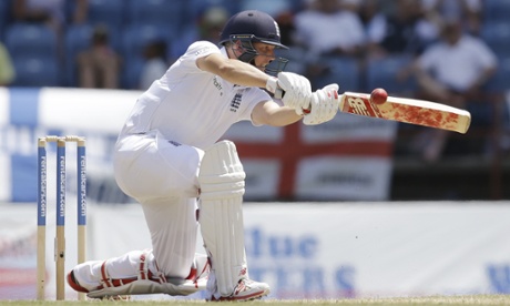Gary Ballance plays off the bowling of Kemar Roach.