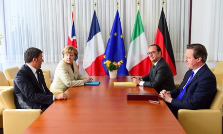 Left to right, Matteo Renzi, Angela Merkel, Francois Hollande and David Cameron during the EU summit on Thursday.