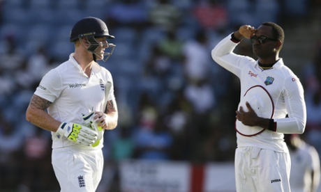 Marlon Samuels salutes Ben Stokes, as Stoke leaves the field having being caught by Jermaine Blackwood.