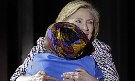 Hillary Clinton greets former aide Beatrice Biira at the Women in the World Summit in New York.