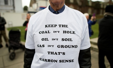 An activist attends an anti-fracking rally outside the Houses of Parliament in central London on January 26, 2015, calling for MPs to vote for a moratorium on fracking within the UK.