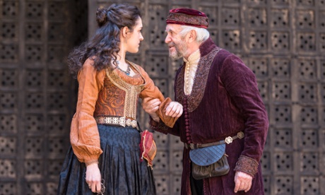 JJonathan Pryce as Shylock and his daughter Phoebe as Jessica in The Merchant of Venice at Shakespeare's Globe, London.
