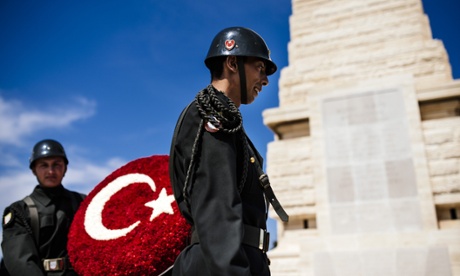 Turkish Army soldiers rehearse their movements at at the Helles Memorial prior to the service